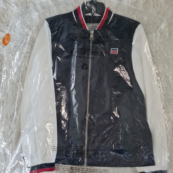 $100 LEVI'S Women's Jacket Bomber Jacket Stripe White Red Blue Coat Size M - Picture 3 of 3